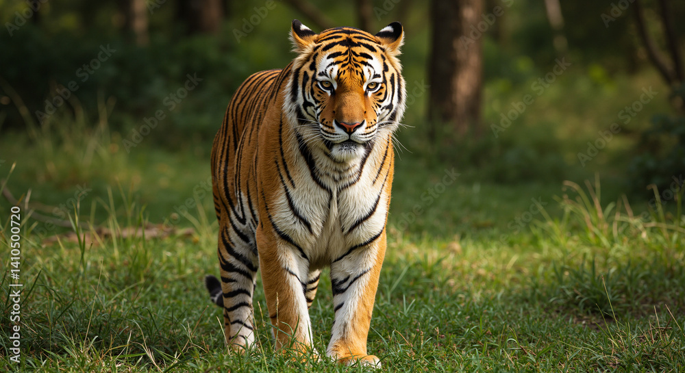 Obraz premium Majestic tiger walking confidently in a lush green forest 