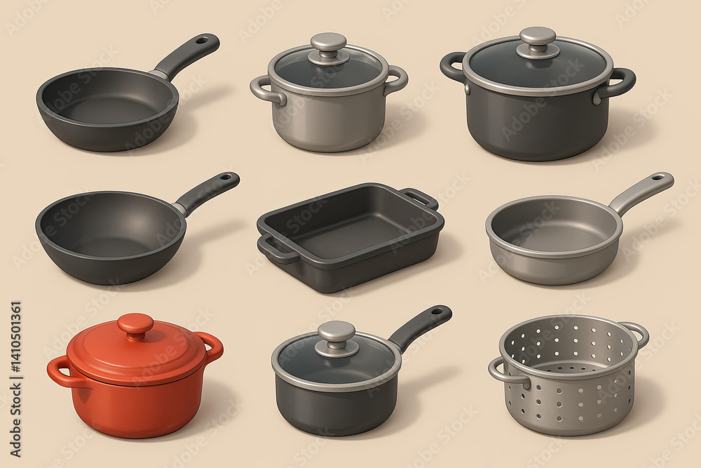 Realistic kitchen cookware 3d icon set featuring pots, pans, and more