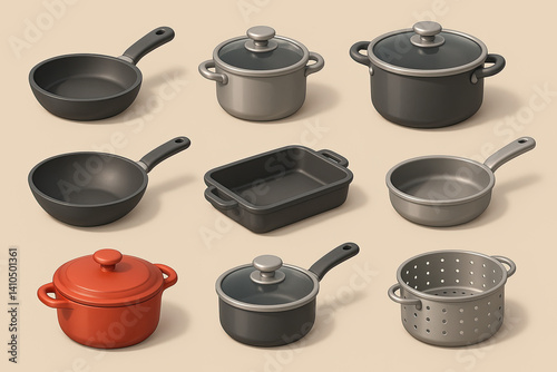 Obraz na płótnie Realistic kitchen cookware 3d icon set featuring pots, pans, and more w salonie