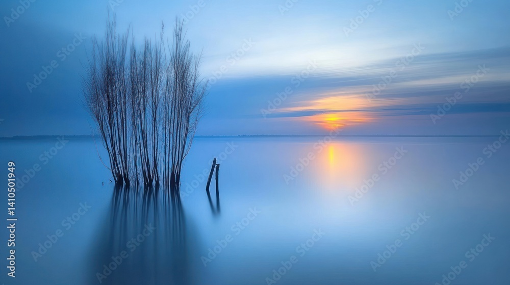 Bare trees and pilings in water reflecting the sunrise sky Bare trees and pilings in water reflecting the sunrise sky