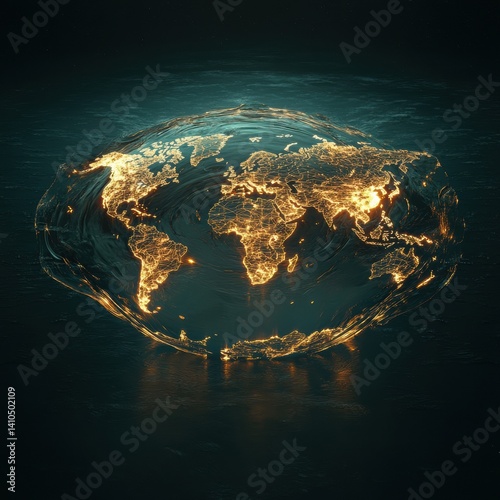 Glowing world map in cosmic surrealism showcasing BRICS and AUKUS alliances with radiant ripple effects Generative AI