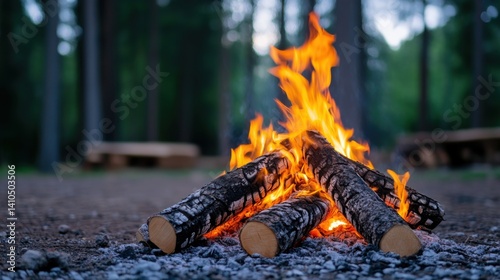 Campfire Flames Dancing Among Logs in Serene Forest Setting at Dusk