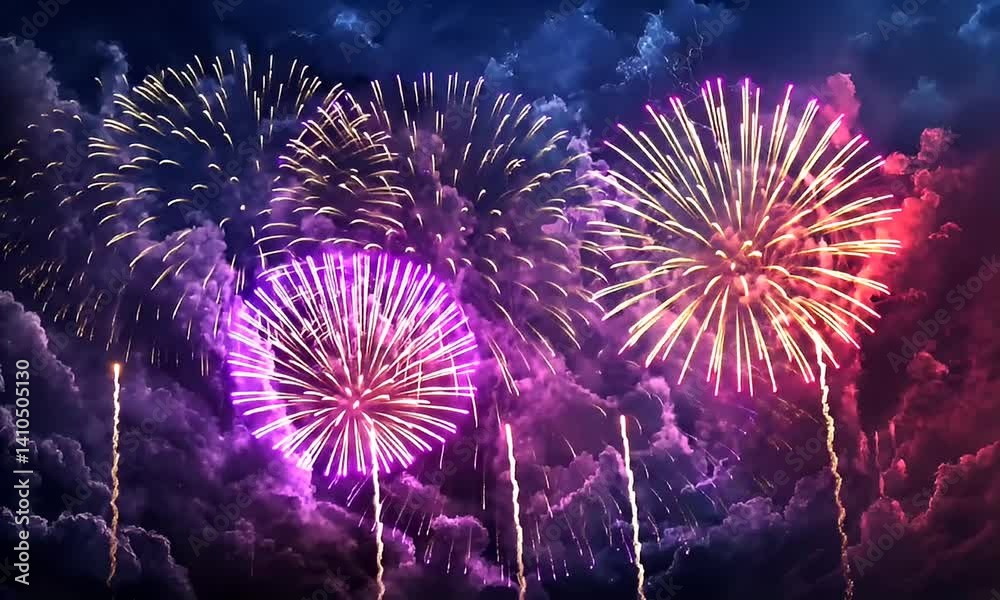 Vibrant fireworks explode against a dramatic night sky.  A spectacular display of colorful pyrotechnics bursts forth against a backdrop of dark clouds