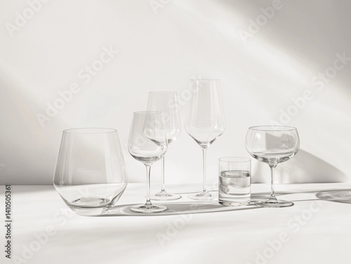Empty wine glasses sat on the clean white table in the restaurant