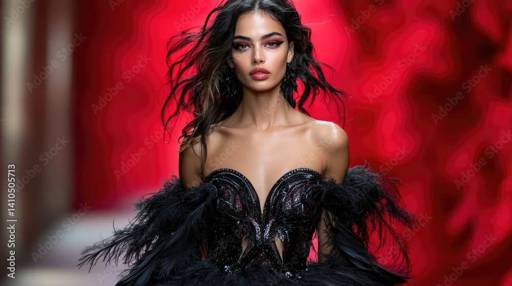 A dramatic red carpet moment with a model in a feathered couture gown. A dramatic red carpet moment with a model in a feathered couture gown.