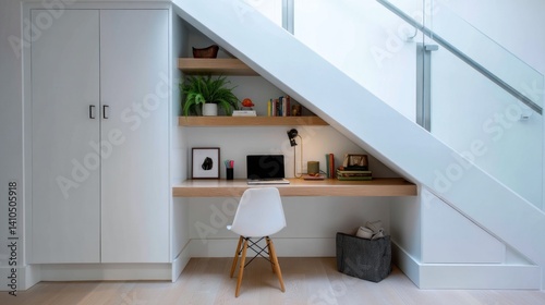 Minimalist built-in desk nook under stairs