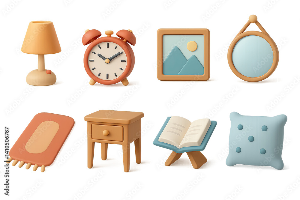 Fototapeta premium 3D icon set of bedroom accessories: bedside lamp, alarm clock, picture frame, rug, wall mirror, bedside table, book stand, decorative pillow. 3d icon