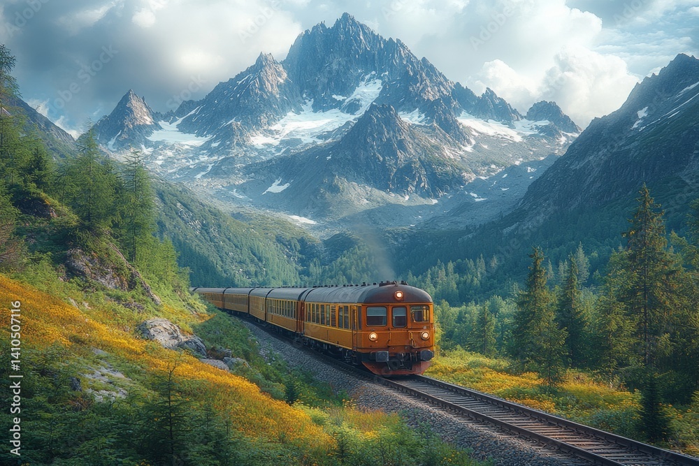 Scenic train journey through majestic mountains remote location nature photography serene captivating viewpoint