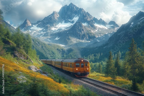 Obraz na płótnie Scenic train journey through majestic mountains remote location nature photography serene captivating viewpoint w salonie
