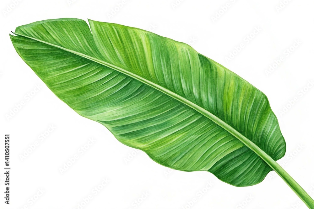 Fototapeta premium Green banana leaf isolated on white background. A vibrant green banana leaf isolated against a white background, showcasing its natural texture and vivid color
