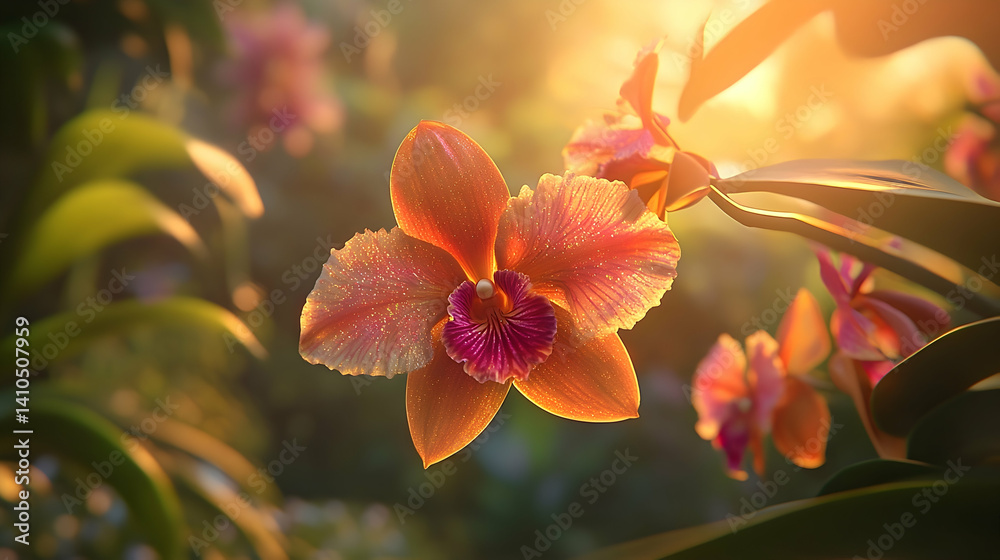 Fototapeta premium Radiant orange and pink orchid blossoms in a sunlit garden.