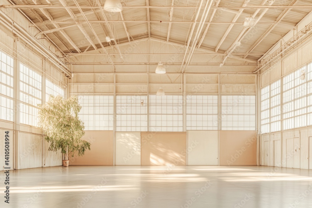 Fototapeta premium Spacious Empty Warehouse With High Ceiling and Natural Light in a Minimalist Design