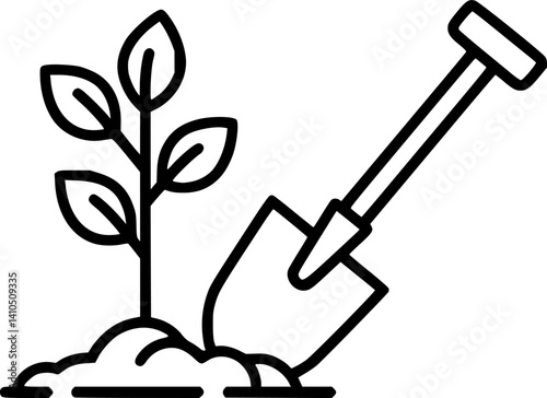 Vector illustration of plant and shovel with linear style suitable for gardening icon
