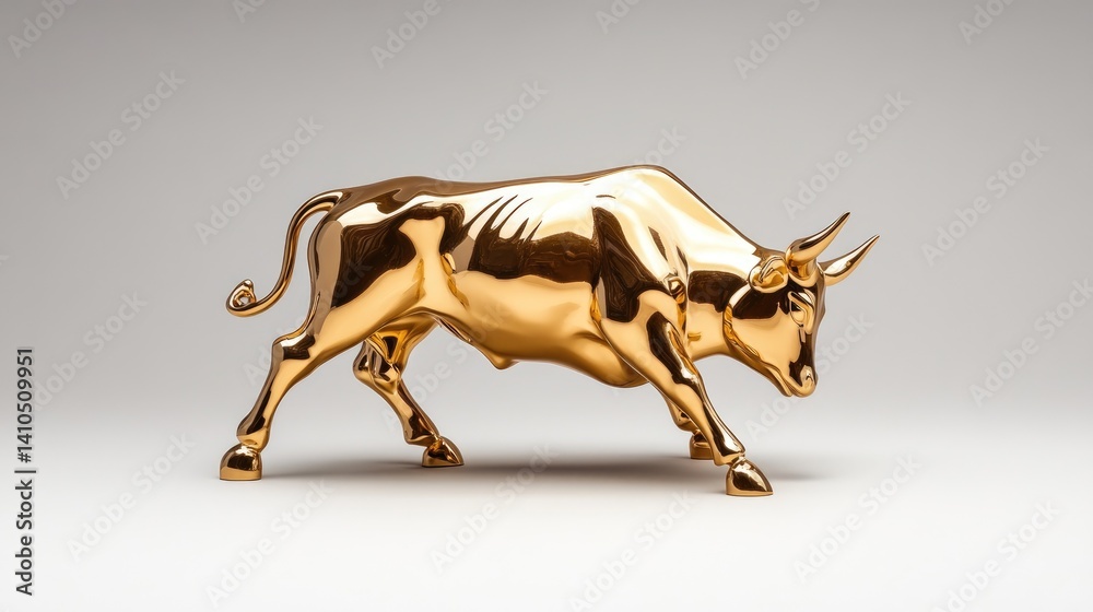Fototapeta premium A finely sculpted golden bull figurine symbolizing market strength on an immaculately white background.