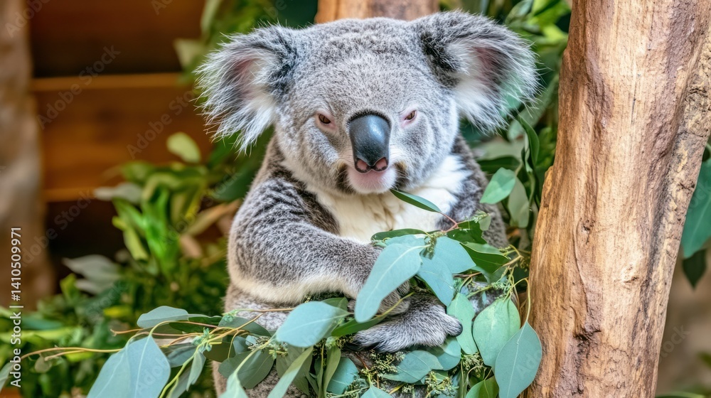 Fototapeta premium Gray koala munching eucalyptus leaves in tree