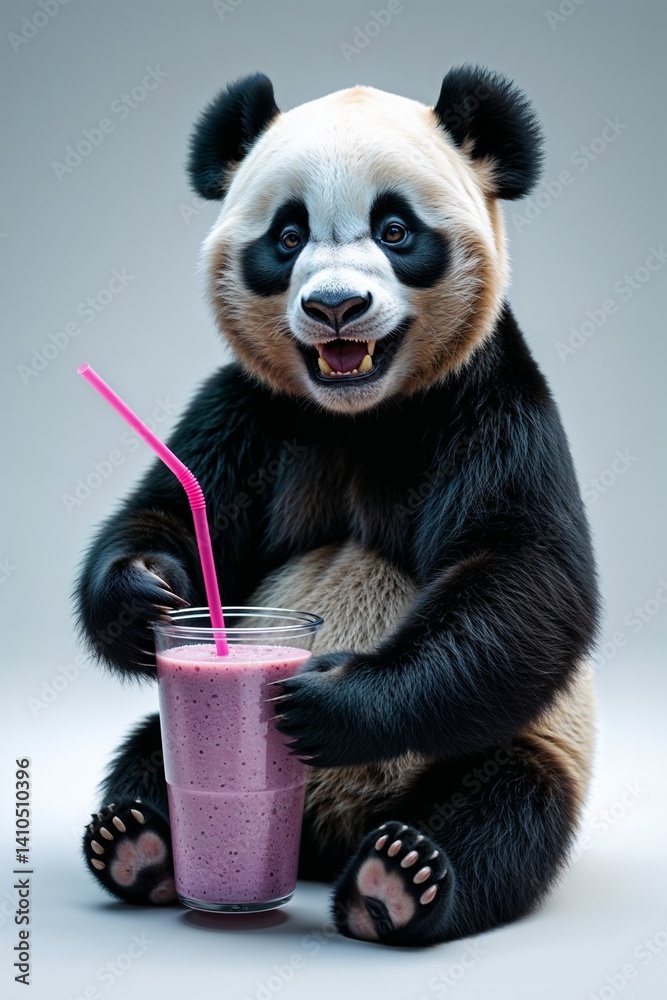 Fototapeta premium Cartoon Panda Drinking Smoothie in a Relaxed Mood