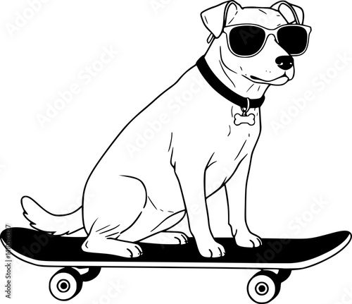 Cool Pup on Wheels: A cool dog wearing sunglasses sits on a skateboard and shows an image of hip and style!
