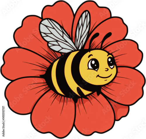  Hand drawn funny bee character inside flower. Nature insects doodle illustration vector on white background