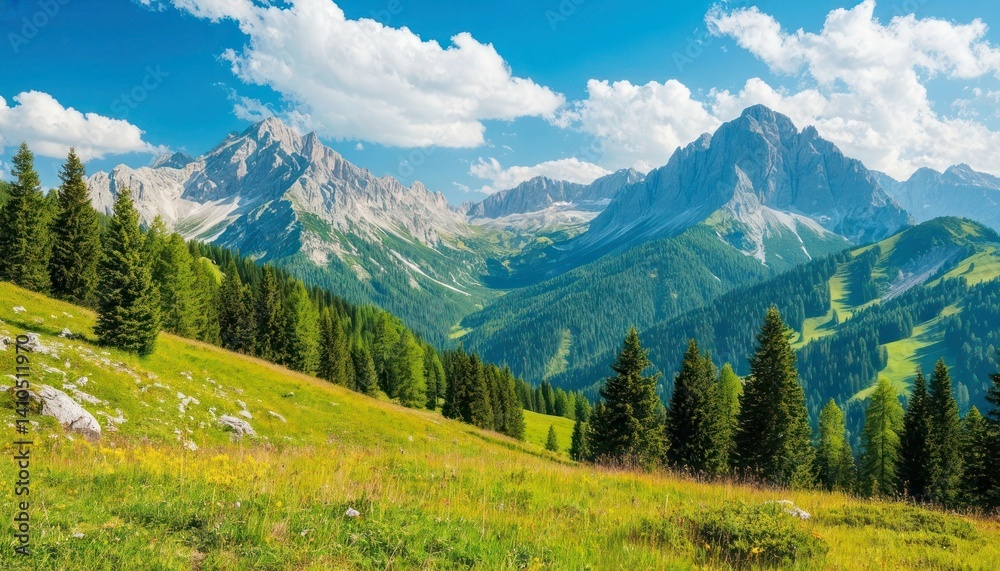 Beautiful mountain landscape with lush greenery and blue skies in the background Beautiful mountain landscape with lush greenery and blue skies in the background