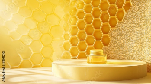 Honeycomb background product podium display 3d stand of natural honey bee pedestal template mockup or healthy nature stage platform backdrop and organic summer beauty beehive yellow scene showcase.