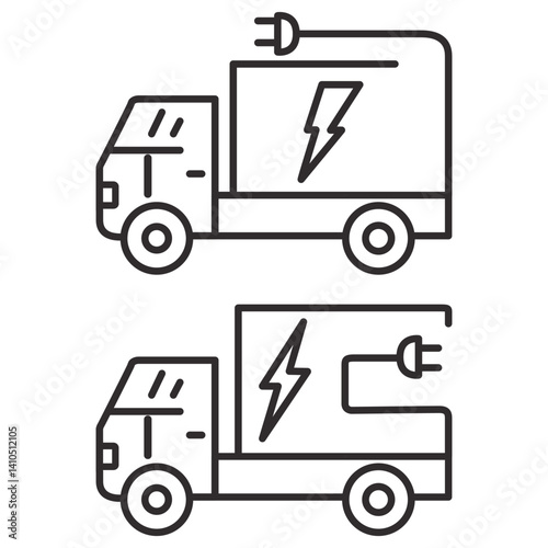 Electric plug in truck icon.Electric truck.Eco power.Green energy.Mobile filling station.Eco power vehicle transport.Electric vehicle power charging.Cargo car shipping and logistics.Outline vector.