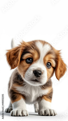 Curious puppy with brown and white fur standing against a white background