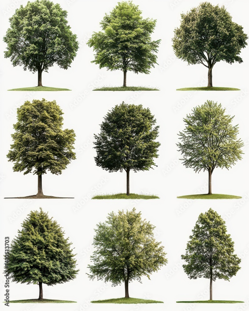 Fototapeta premium A grid of nine distinct trees, each showcasing various foliage and shapes, emphasizing their unique characteristics and seasonal differences.