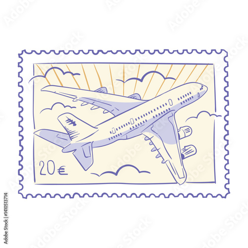 Airplane flying in the sky among clouds and rays of the sun. Vintage stamp or sticker, summer travel postcard. Hand drawn sketch of transport for travel. Vector isolated illustration in retro style.