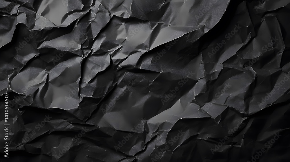 Dark Crumpled Paper Texture Background, Black Creased Sheet, Abstract Design