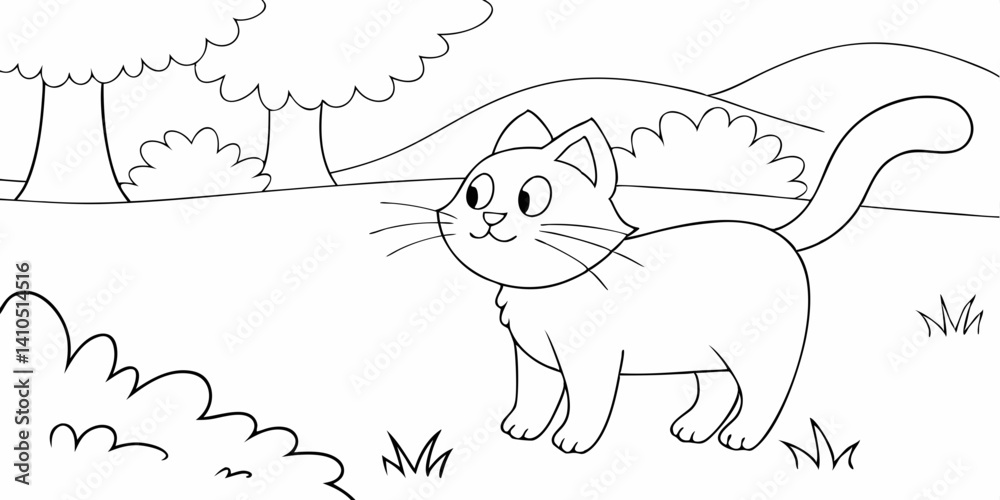 Fototapeta premium Playful Curiosity: A line art illustration of a curious cat gazes intently, amidst a serene outdoor setting. The minimalist style creates an image of charm and peace. coloring sketch book