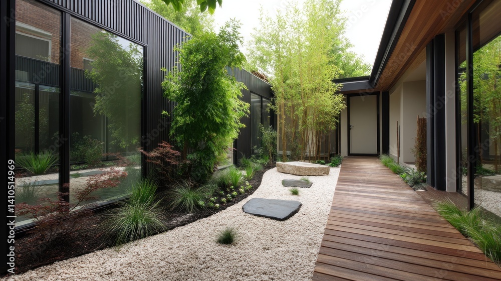 Fototapeta premium Minimalist courtyard with zen gravel and timber path 