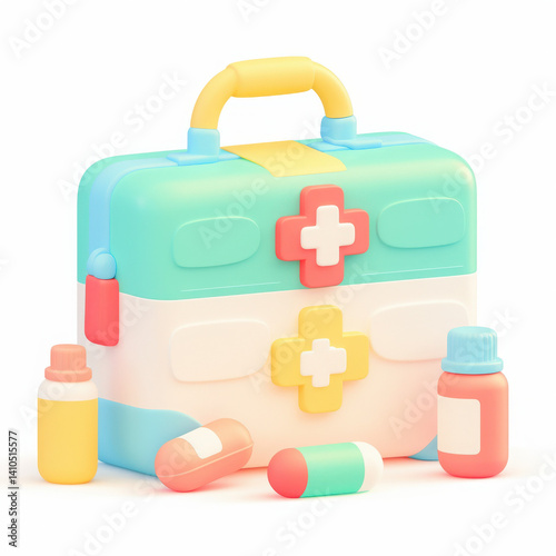 Colorful medical kit with bottles and pills on white isolated background.
