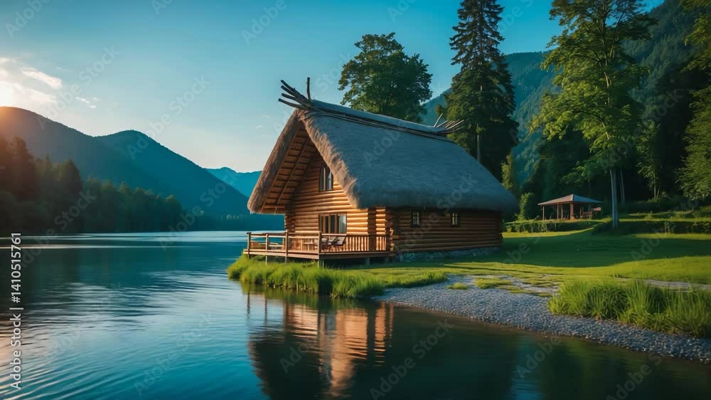 Log cabin with a thatched roof by the riverbank surrounded by thick forest and mountains during sunset. Log cabin with a thatched roof by the riverbank surrounded by thick forest and mountains during sunset.