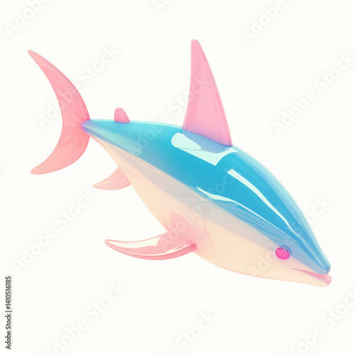 Colorful plastic dolphin toy, white isolated background.