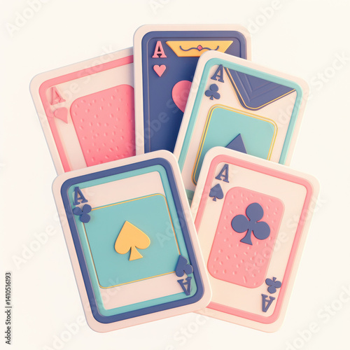 Colorful playing cards arranged in a creative layout, white isolate background.