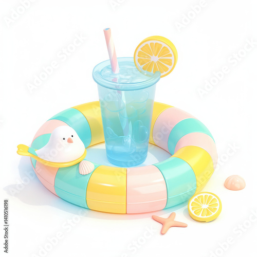 Colorful pool float, refreshing drink, summer vibes with fun beach elements.