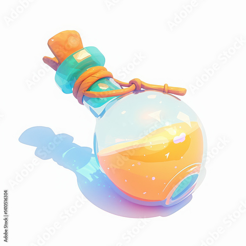 Colorful potion bottle with cork stopper, transparent liquid, white isolate background.