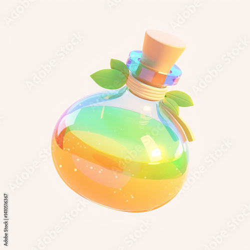 Colorful potion bottle with leaves, white isolate background.