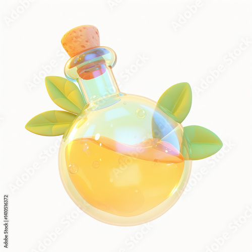 Colorful potion bottle with leaves, transparent and vibrant, white isolated background.