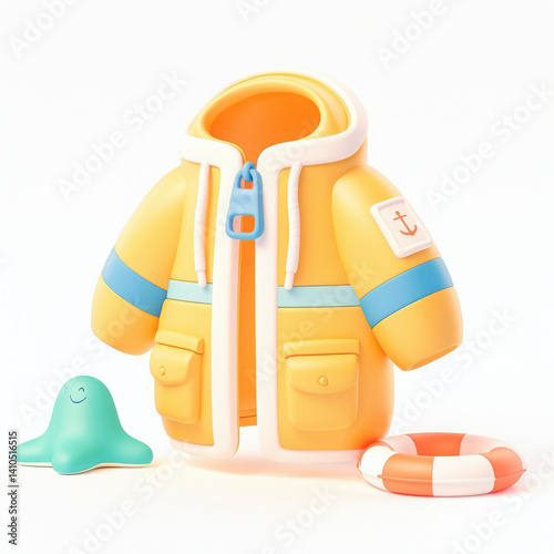 Colorful raincoat, life buoy, and toy on white isolated background.