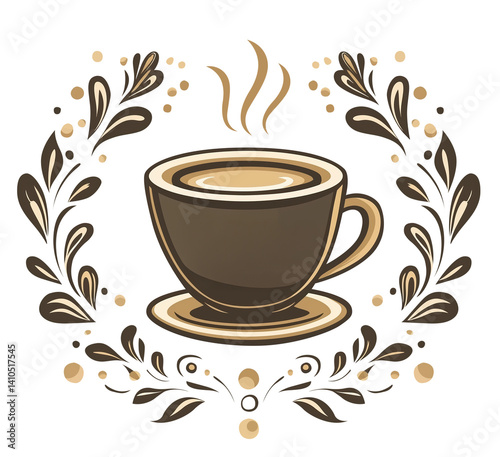 steaming coffee cup is surrounded by elegant floral designs, creating warm and inviting logo for coffee shop. intricate patterns add touch of sophistication and charm