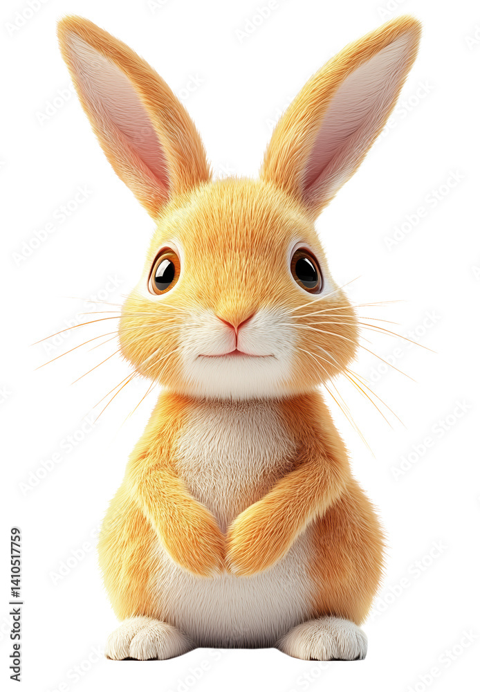 Obraz premium cute 3D illustration of fluffy rabbit with big eyes and long ears, sitting upright and looking forward. rabbit fur is soft blend of orange and white, giving it adorable appearance