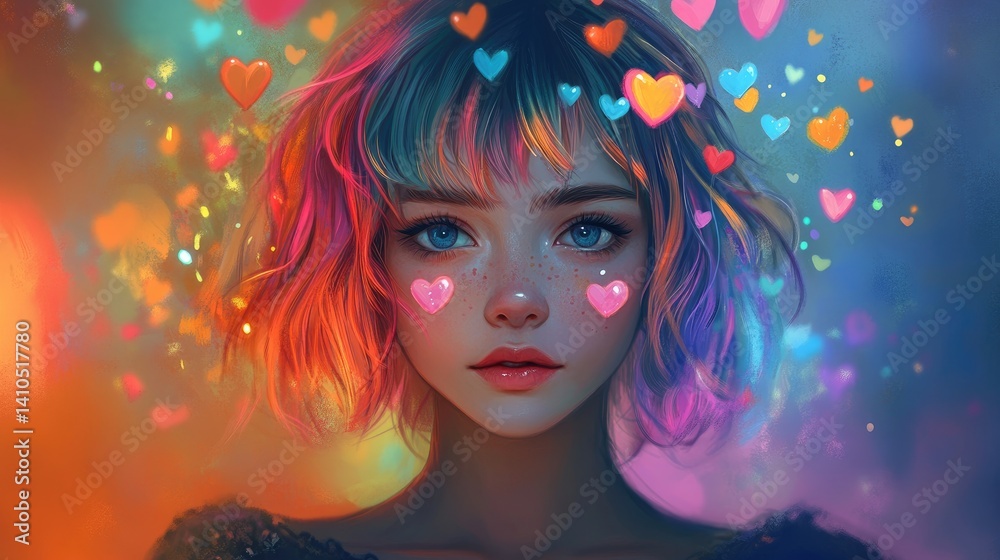 A girl with candy-colored hair, tiny floating hearts above her head like a dreamy halo. A girl with candy-colored hair, tiny floating hearts above her head like a dreamy halo.