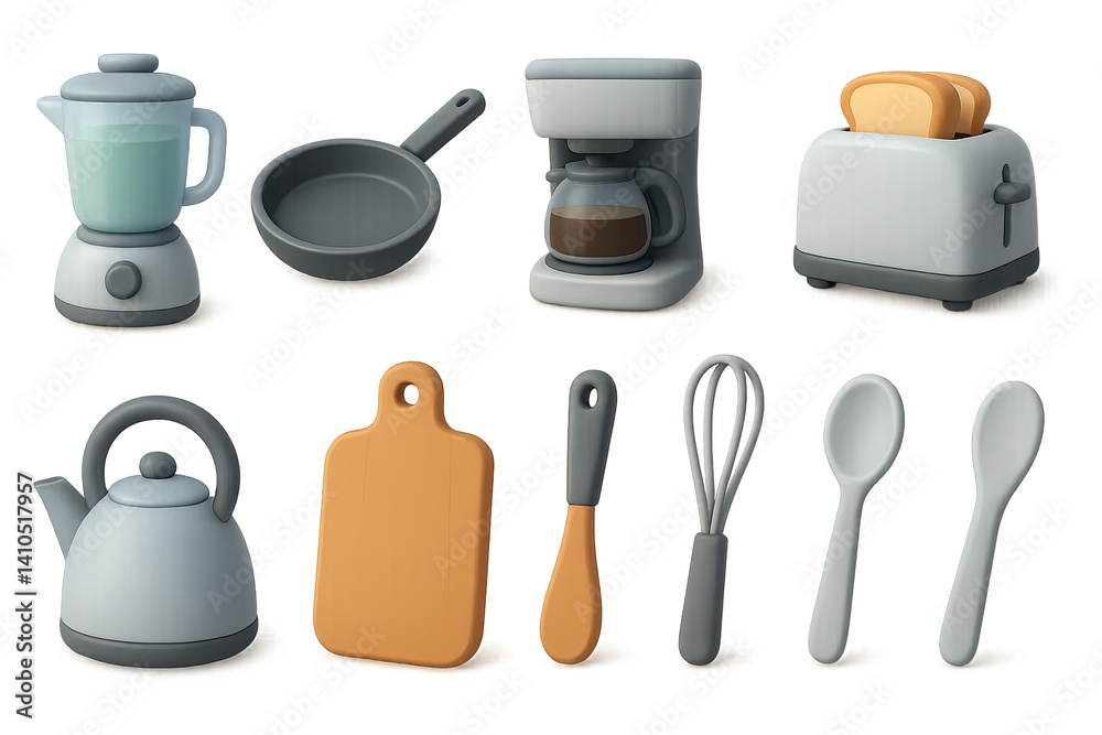 Obraz premium 3D icon set of morning café scene: sunrise icon, hot coffee, sleepy face, newspaper, croissant, bus pass, takeaway bag, café window. 3d icon. icons set of 3d style in a modern design. Isolated