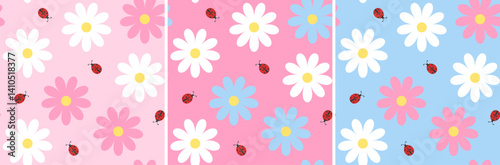 Minimalist cute floral seamless pattern in pink and blue clean pastel shades with chamomiles and ladybugs. Simple naive girly background with daisies and tiny red beetles
