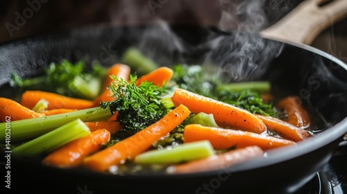 A vibrant dish of steaming carrots and celery being sauteed in a skillet, showcasing fresh vegetables and healthy cooking.