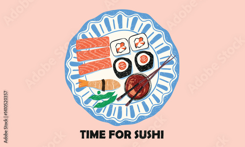 sushi platter design. Food love club art. Sushi love club artwork for t shirt print, poster, sticker and other uses. Sushi t shirt artwork.