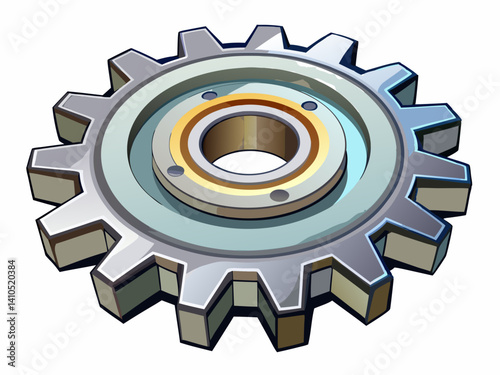 A high-quality vector illustration of a metallic spur gear with straight teeth, top-down view, isolated on a white background