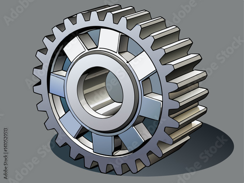 A realistic vector of an industrial spur gear with sharp edges and shadows, placed on a solid gray background