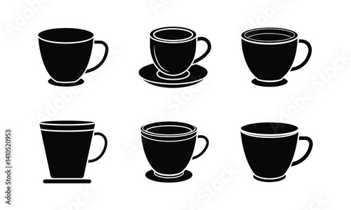 Tea and Coffee Cup Silhouette Icons – Hot Beverage Cups with Saucers and Mugs for Cafes and Restaurants